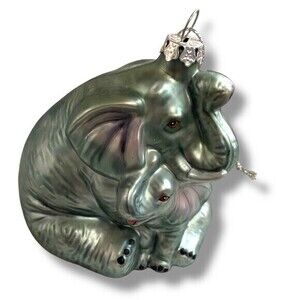 Vintage Hand Blown Glass  Elephant with Baby Christmas Ornament Silver 3.5"
